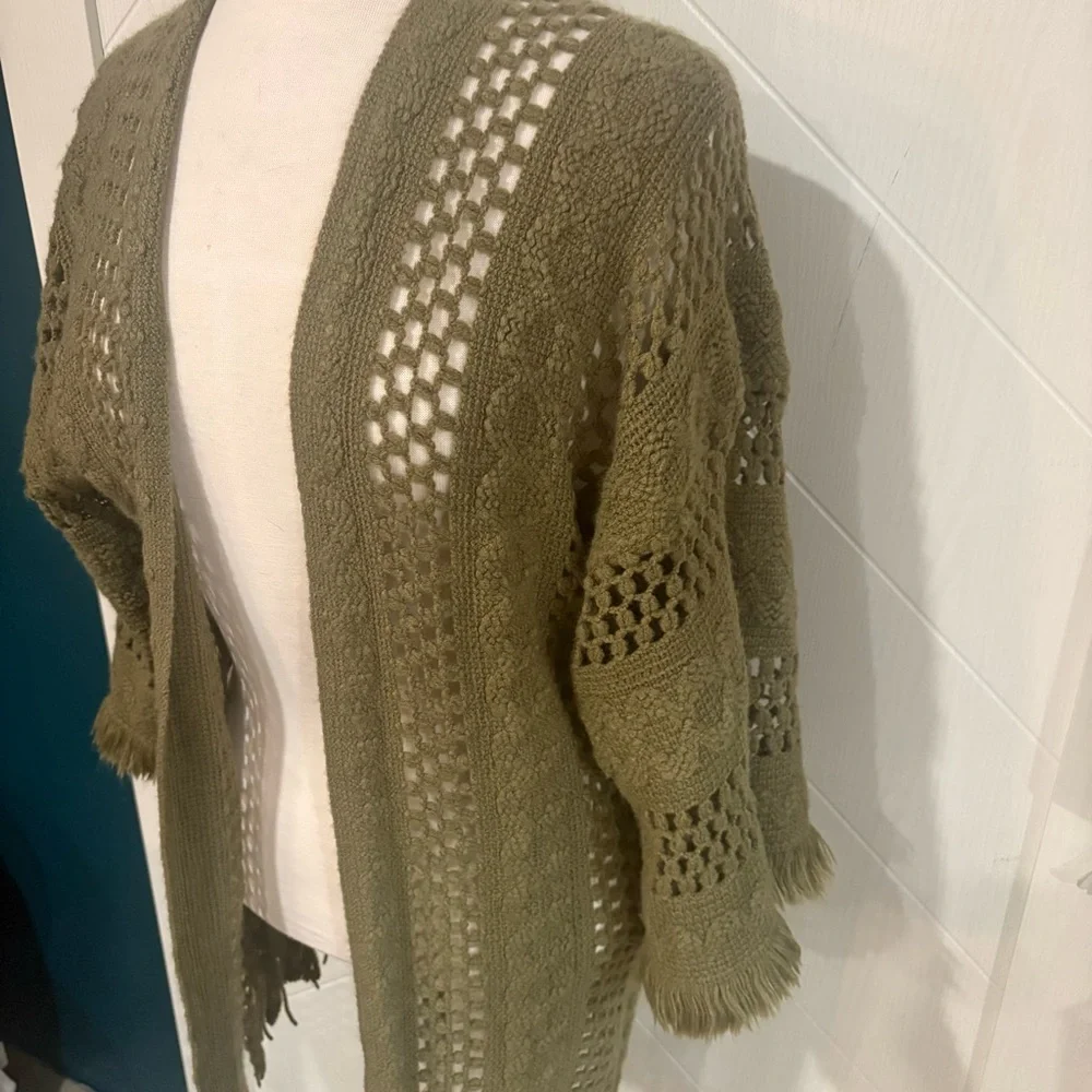 Olive green crochet boho fringe knit cardigan‎ ( small) festival / cottagecore - Picture 4 of 7